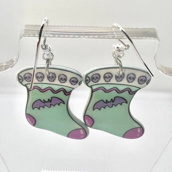 Christmas Earrings - Pastel Blue Halloween Themed Christmas Stocking Earrings - Picture 4 of 7